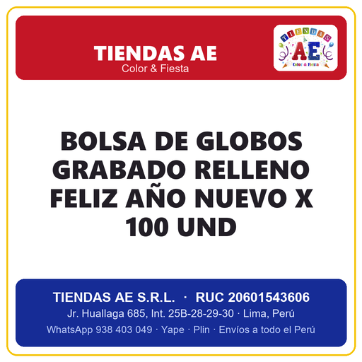 [BGGRFAN01] Bolsa de Globos Grabado Relleno Feliz Año Nuevo X 100 Und