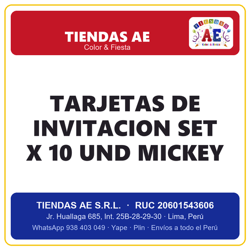 [MCK-630] TARJETAS DE INVITACION SET X 10 UND MICKEY