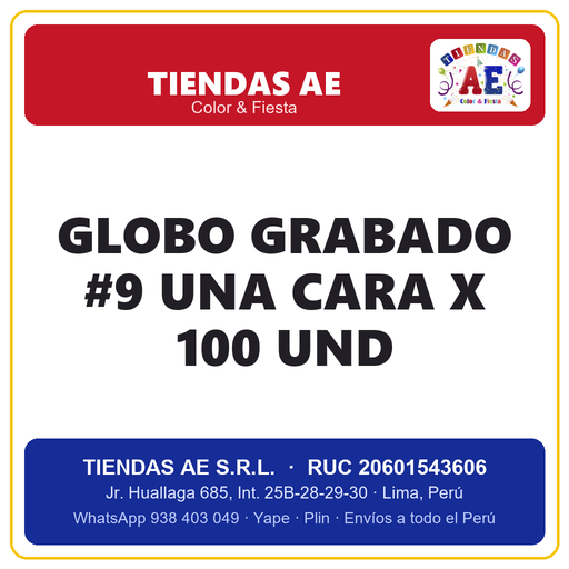 [GL-SI-002675] Globo Grabado #9 Una Cara x 100 Und